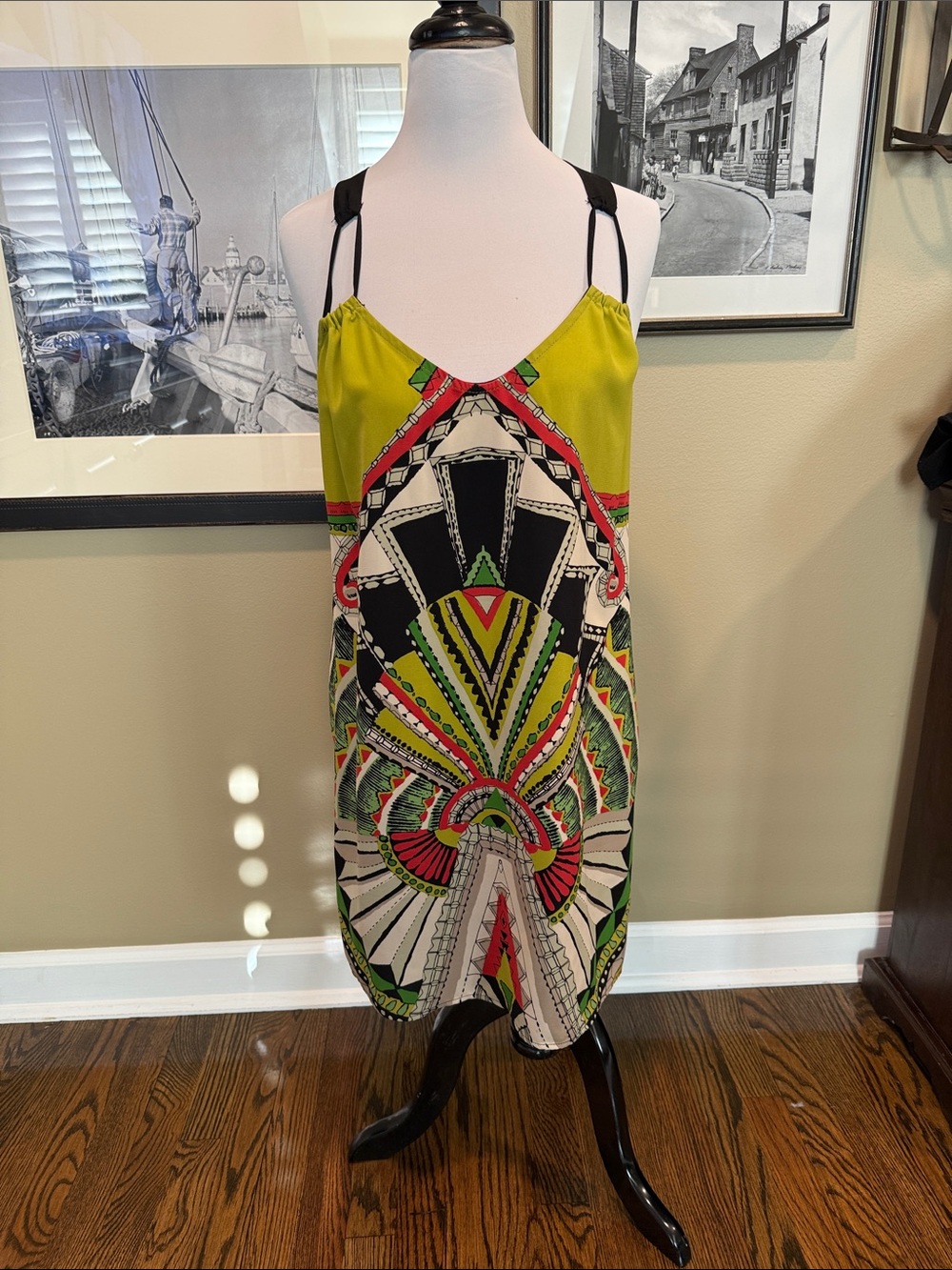 Hi-Low Lime Green Printed Slip Dress with Graphic Motif